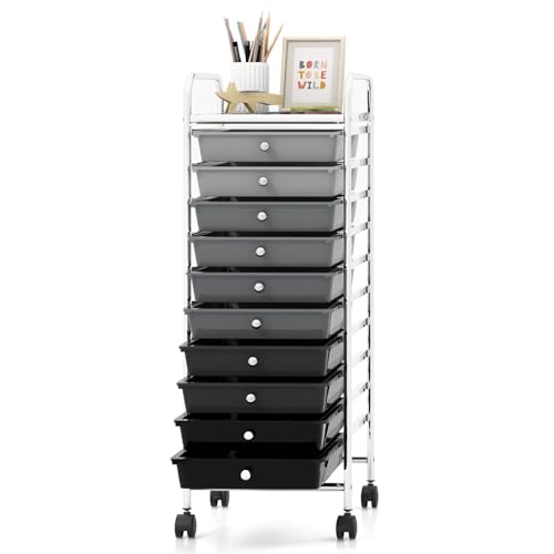 GOFLAME 10-Drawer Rolling Storage Drawer Cart, Utility Cart with Removable Drawers & Metal Frame, Mobile Art Craft Drawer Cart with Lockable Wheels for Home, Office, Studio, School, Gray Gradient - color: Gray Gradient, size: 10-Drawer without Wood Top
