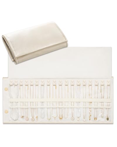 Lolalet Travel Necklace Organizer, Foldable Jewelry Case, Beige, 18 Slots | Tangle-Free, Roll Up, PU Outer, Velvet Lining, Space-Saving, for Chains Bracelets, Gift for Women Girls Daughters Friends - color: Beige, size: Large, 18 Slots