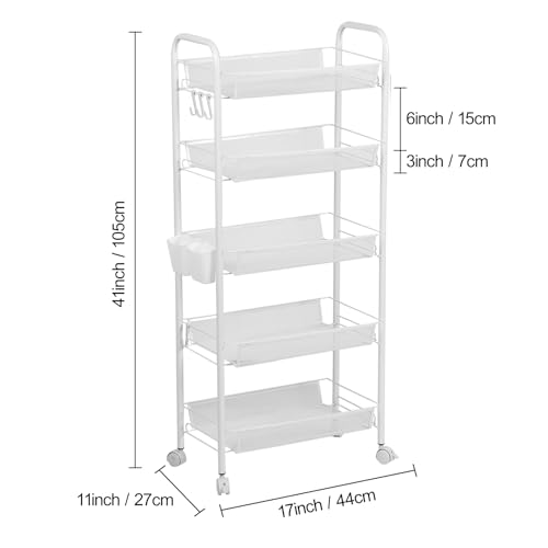 Fruit Vegetable Basket Storage Cart 5 Tier Stackable Metal Mesh Storage Basket with 360 Degree Wheels 41 Inch High Kitchen Storage Cart Snack Cart Kitchen Pantry Bathroom Cart (White) - color: White