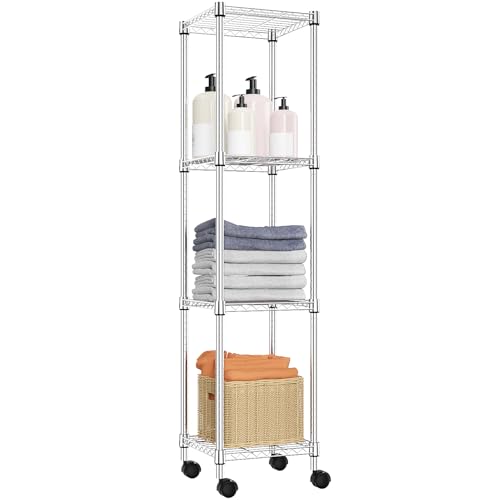 M MZG Storage Shelves Adjustable, 4 Tier Shelving Units for Storage with Wheels, Corrosion Resistant Wire Shelving Unit for Kitchen Closet Bathroom Office, Chrome 11.8" D x 11.8" W x 48.1" H - color: Chrome, size: 4 tier 11.8" D x 11.8" W x 48.1" H