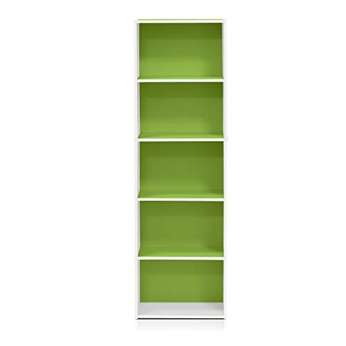 Furinno LUDER Book Shelf, 5-Tier Bookshelf, Bookcase with Open Shelves, 9.4 x 15.8 x 52, Easy Assembly, for Living Room, Bedroom, Home Office, White/Green - color: White/Green, size: 5-Tier