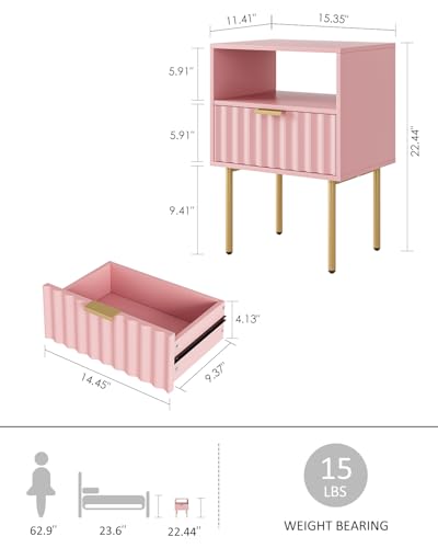 Night Stand,Modern Bedside Table with Drawer and Shelf,Pink Night Stand with Gold Frame,Small Side Table for Bedroom,Living Room - color: Pink