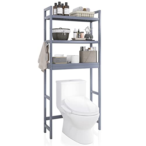 SMIBUY Bathroom Storage Shelf, Bamboo Over-The-Toilet Organizer Rack, Freestanding Toilet Space Saver with 3-Tier Adjustable Shelves (Grey) - color: Grey