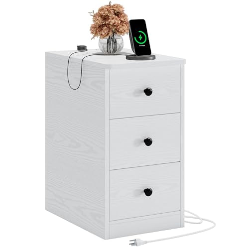 LIKIMIO Nightstand with Charging Station, 3 Drawers Modern for Bedroom - color: White