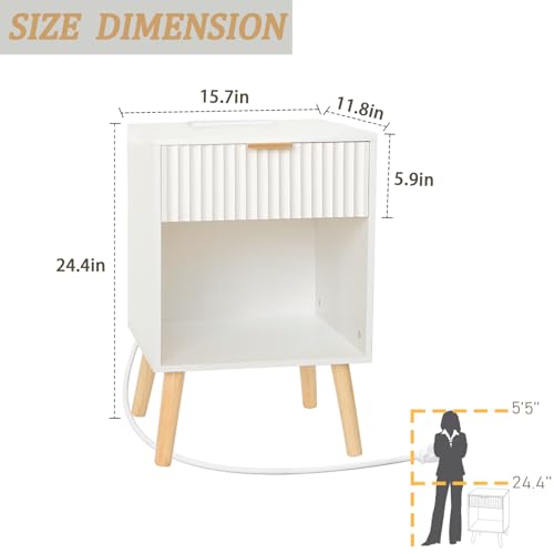 Fultyle White Nightstand with Charging Station, Mid Century Modern Bedside Table with Drawers and Outlet, Side Tables Living Room, Wooden Night Stand for Bedroom, Office (White) - color: White With Charging Station