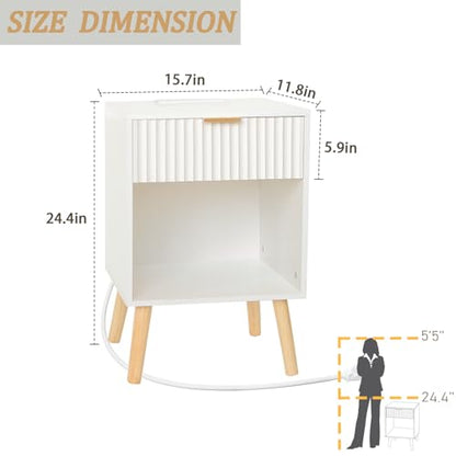Fultyle White Nightstand with Charging Station, Mid Century Modern Bedside Table with Drawers and Outlet, Side Tables Living Room, Wooden Night Stand for Bedroom, Office (White) - color: White With Charging Station