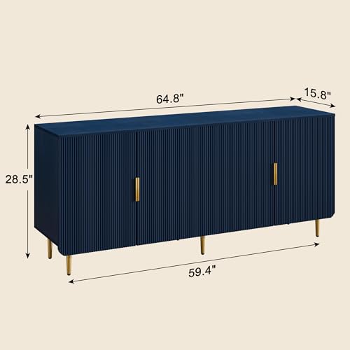 65" Fluted Sideboard Buffet Cabinet with Storage, Console Cabinet with 4 Doors & Adjustable Shelves, Modern Buffet Table for Kitchen Dining Living Room Hallway‌ Entryway, Blue - color: Blue