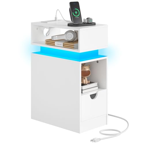 HOOBRO Narrow End Table, Floating Nightstand with LED Light Strip, with Drawer, Slim Bedside Table with Charging Station for Living Room, Bedroom, White WT204UDBZ01