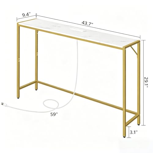 MAHANCRIS Console Table, Narrow Sofa Table, 43.7” Entrance Table with Power Station, Behind Couch Table, Simple Style, for Living Room, Hallway, Entryway, Foyer, Marble and Gold CTJM112E01 - color: Marble, Gold