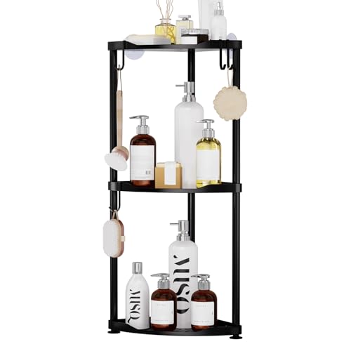 SWTYMIKI Corner Shower Caddy Standing - 3 Tier Stainless Steel Shower Organizer Stand, Large Capacity Floor Shelf with 4 Hooks, Rustproof Bathroom Storage Rack, Black - color: Black