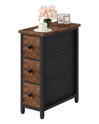 CHOEZON Narrow Side Table with 3 Fabric Drawers, Industrial Slim Bedside Table for Small Spaces, Bedroom, Living Room, Dormitory, Rustic Brown and Black TBZ09BF - color: Rustic Brown + Black