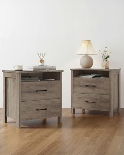 Farmhouse Nightstand Set of 2, Rustic Nightstand with 2 Drawers, Wood End Table with Open Shelf, Side Table for Bedroom, Light Brown - color: Light Brown, size: 2 Pieces