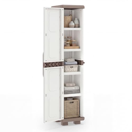 Giantex 70” Tall Slim Storage Cabinet with Single Door, Plastic Kitchen Pantry with 4 Adjustable Shelves, Narrow Freestanding Bathroom Cabinet for Living Room, Home Office, Laundry, Garage - color: White+brown, size: Tall-14"x19"x70"
