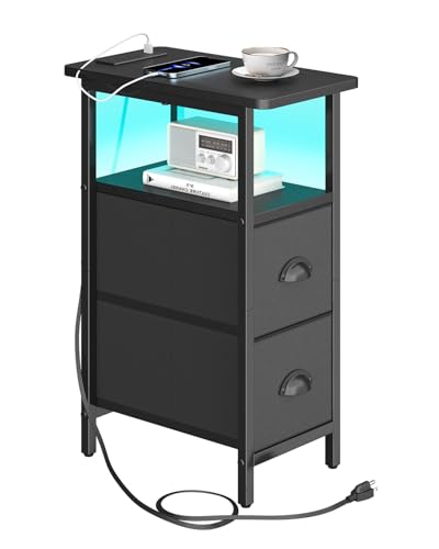 sthmec Narrow End Table with Charging Station, Narrow Side Table with 2 Fabric Drawers, LED End Table, Slim Nightstand with LED Light, Small Side Table for Small Spaces, Living Room, Bedroom, Black - color: Black, size: 7.87'' W x 15.75'' D x 24.37'' H, s