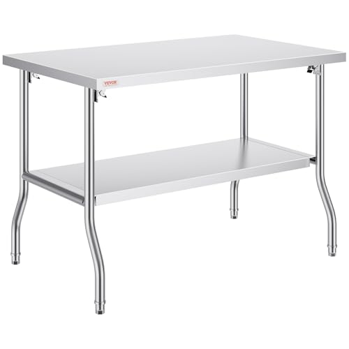 VEVOR Stainless Steel Foldable Work Table, 30 * 48 Inch Heavy Duty Food Outdoor Double Layer Stainless Steel Worktable for Commercial Kitchen Restaurant - size: Double layer 30"*48", style: Foldable