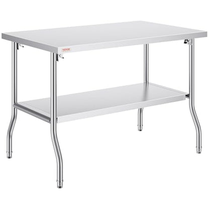 VEVOR Stainless Steel Foldable Work Table, 30 * 48 Inch Heavy Duty Food Outdoor Double Layer Stainless Steel Worktable for Commercial Kitchen Restaurant - size: Double layer 30"*48", style: Foldable