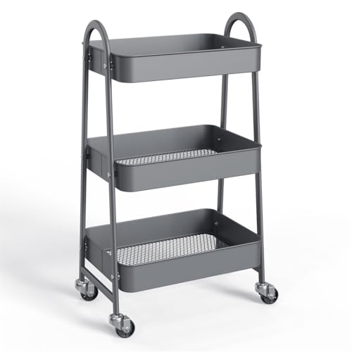 3-Tier Metal Rolling Utility Cart, Small Rolling Cart Kitchen Trolley Bathroom Laundry Room Bar Office Shelves Storage Organizer Shelving Unit with Caster Wheels for Narrow Places, Grey - color: Gray