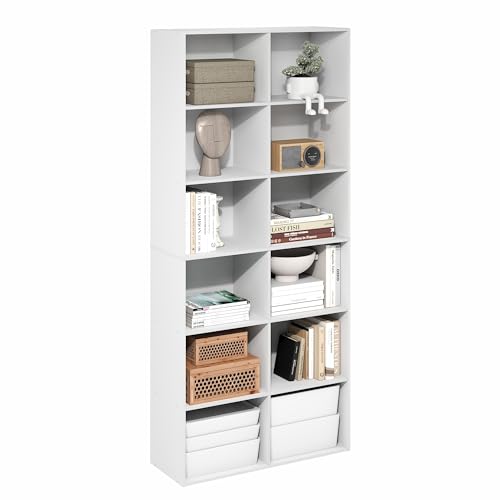 Furinno Basic Book Shelf, 12-Cube Bookshelf, Open Shelf Bookcase, Cube Storage Organizer, 12 x 32 x 71, for Living Room, Home Office, Plain White