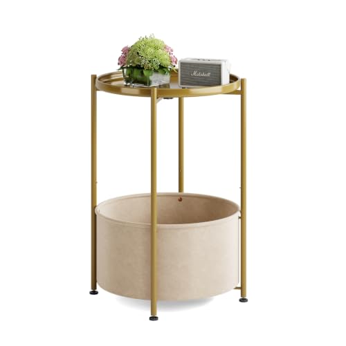 Small Round Side Table with Felt Storage Basket and Removable Tray | Accent Table, Metal End Table with Adjustable Feet, Side Table for Nursery, Bedroom, Living Room, Laundry Room, Gold - color: Gold