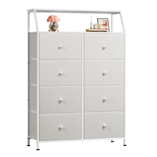 WLIVE White Fabric Dresser for Bedroom, 8 Drawer Tall Chest of Drawers | Premium Bouclé Fabric Dresser, Storage Tower with Open Shelf,Easy Assembly Dresser - color: Cream White, style: Raised Shelves