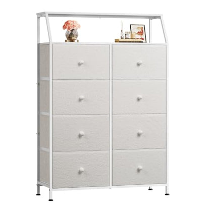 WLIVE White Fabric Dresser for Bedroom, 8 Drawer Tall Chest of Drawers | Premium Bouclé Fabric Dresser, Storage Tower with Open Shelf,Easy Assembly Dresser - color: Cream White, style: Raised Shelves