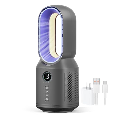 Desk Fan,13 Inch Portable Bladeless Fan, Small Quiet Office Fan with 106° Oscillating, 3 Speeds & Night light, LED Display, Button Control, Personal Table Fan for Bedroom, Office, Home, Study Room - color: Grey