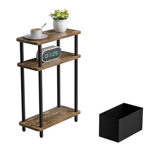 THUMEYE Narrow Side Table with Fabric Basket, 7" Wide, 3 Tier Skinny End Table with Wood Legs, Slim Nightstand/Bedside Table for Small Spaces, with Adjustable Feet, 15.7" L x 23" H - color: Rustic Brown