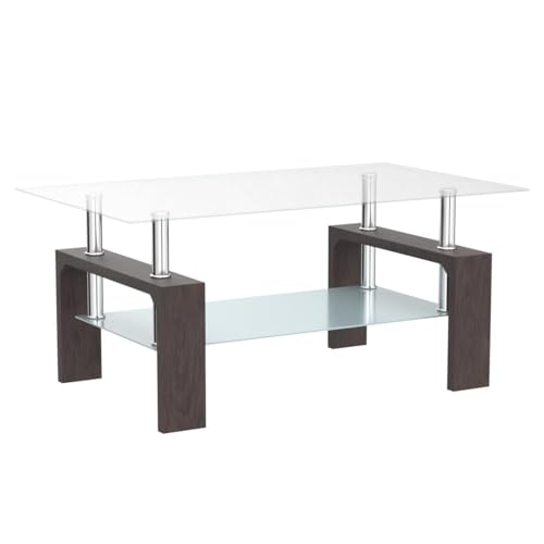 Btrpily Walnut Rectangular Coffee Table, 39.5in x 23.5in x 17.5in, Glass Tabletop with Lower Shelf, Adjustable Bottom Corners - color: Walnut