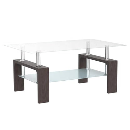 Btrpily Walnut Rectangular Coffee Table, 39.5in x 23.5in x 17.5in, Glass Tabletop with Lower Shelf, Adjustable Bottom Corners - color: Walnut
