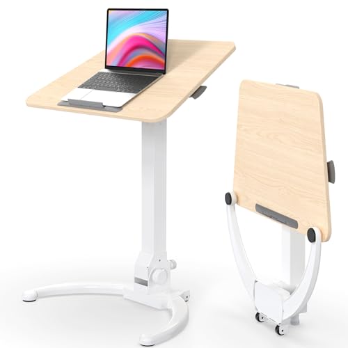 JOY worker Foldable Mobile Standing Desk, 90° Tilt Rolling Laptop Desk, Oak | Tiltable MDF Laptop Desk, Portable Cart with Hidden Wheels & Low Base, Collapsible for Storage, Holds 22lbs, Home Office - color: Oak, size: Height Range:29.9-44.9"