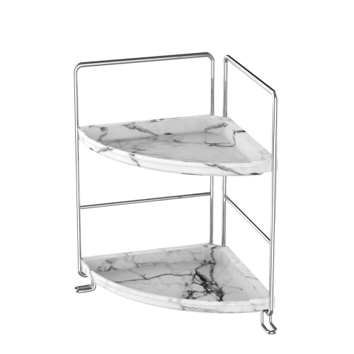 2-Tier Corner Bathroom Organizer, Countertop Perfume Makeup Shelf Cosmetics Storage Shelf Display Rack Vanity Shelf,Kitchen Spice Rack,PP Imitation Marble Design,Tool-Less Install(Silver) - color: Imitation Marble,silver