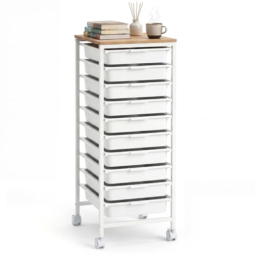 GOFLAME 10-Drawer Rolling Storage Cart, Craft Storage Cart with Wooden Tabletop and Lockable Wheels, Art Cart Supply Storage Organizer with Metal Frame for Home Office Classroom, White - color: White, size: 10 Drawer with Wood Top-13"x14.5"x22.5"