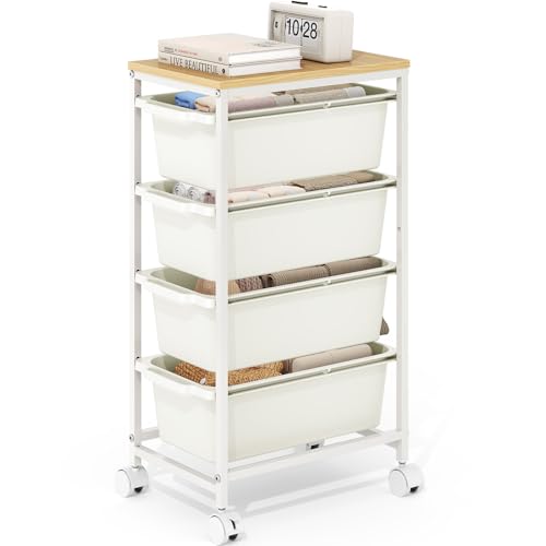 KINGBOARD Slim Rolling Cart with 4 Drawers, Metal Utility Storage Cart | Wooden Tabletop, Lockable Wheels, Table Side Trolley for Bedroom, Children's Room and Office Organization, White - color: White, size: 4-Tier
