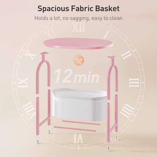 RALGEND Small Round Side Table with Fabric Basket Storage, Oval End Table for Small Spaces, Modern Coffee Bedside Table, Couch Side Table for Living Room, 15.7" X 11.8" X 24", Pink and White 8601BZPK - color: Pink