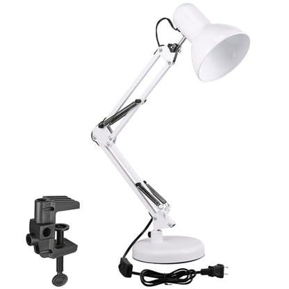 TORCHSTAR Metal Desk Lamp, Adjustable Swing Arm, E26, White | Architect Gooseneck Multi-Joint Clip Table Lamp with Plastic Clamp, for Home Office, Work, Study, Reading, Bulbs not Included - color: White