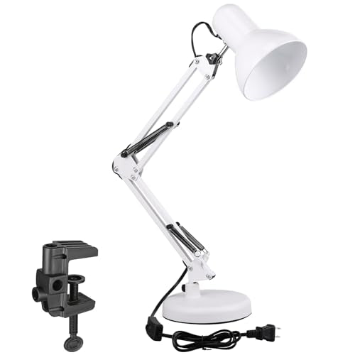 TORCHSTAR Metal Desk Lamp, Adjustable Swing Arm, E26, White | Architect Gooseneck Multi-Joint Clip Table Lamp with Plastic Clamp, for Home Office, Work, Study, Reading, Bulbs not Included - color: White
