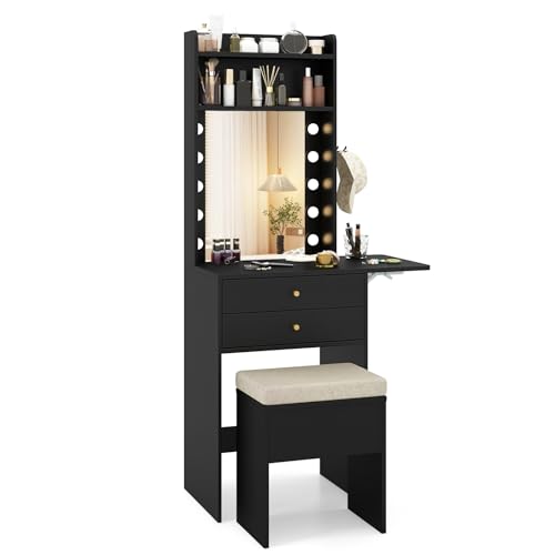 COSTWAY Vanity Desk with Mirror and Lights, Narrow Dressing Table with Foldable Countertop, Padded Stool, 2 Drawers for Apartment, Dorm, Bedroom, Makeup Vanity Set for Girl, Teen, Women (Black) - color: Black