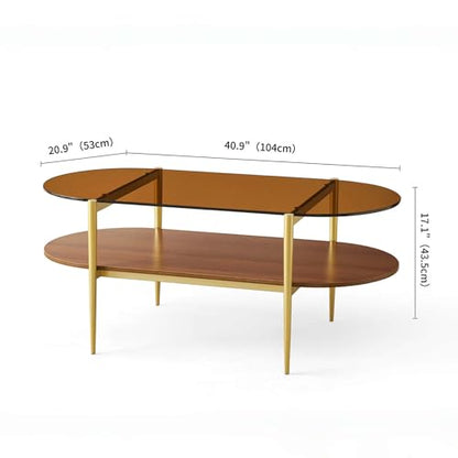 LumFurn Oval Glass Coffee Table, Mid-Century Modern Design, L41 x W21 x H17 inch, for Living Room, 2-Tier Structure, Amber Glass Top and Walnut Finish Wood Shelf, Conical Legs with Gold Finish Frame - color: Amber & Walnut, size: L41" Oval Coffee Table