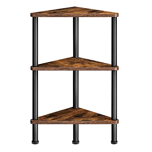 HOOBRO Corner Shelf Stand, Industrial 3-Tier Corner Bookshelf with Metal Frame, Plant Display Shelf, Small Bookcase for Small Spaces, Living Room, Rustic Brown and Black BF30CJ01 - color: Rustic Brown + Black, size: 11.8"L x 11.8"W x 25"H