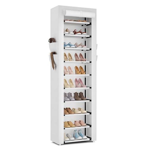ROJASOP Shoe Rack with Covers 10 Tier Large Shoe Organizer Tall Shoe Closet Storage for 20-22 Pairs Shoe and Boot, Free Standing Shoe Rack Organizer for Closet, Entryway, Bedroom, White - color: White, size: 17.7"W - 10 Tier