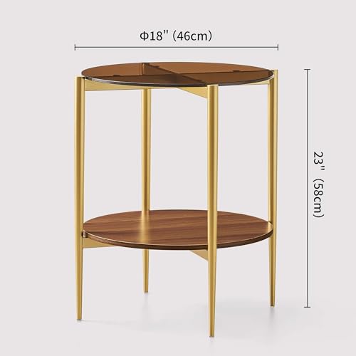 LumFurn Round Glass End Table, Mid-Century Modern Design Sofa Table for Living Room, D18 x H23, 2-Tier Structure, Amber Glass Top and Walnut Shelf, Sleek Conical Legs with Gold Finish Frame - color: Amber & Walnut, size: D18" Round End Table
