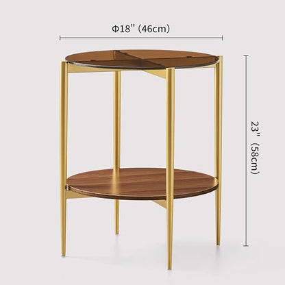 LumFurn Round Glass End Table, Mid-Century Modern Design Sofa Table for Living Room, D18 x H23, 2-Tier Structure, Amber Glass Top and Walnut Shelf, Sleek Conical Legs with Gold Finish Frame - color: Amber & Walnut, size: D18" Round End Table
