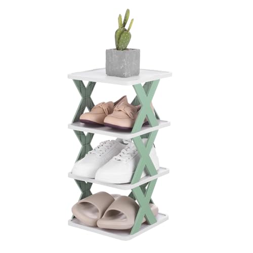 uxcell 4-Tier Plastic Shoe Rack, Vertical Shoe Rack Stackable Storage Organizer Folding Space-Saving Narrow Slot Shelf for Closet Livingroom Entryway Garage, Green/White - color: Green/White, size: 10.2x9.4x19.5 Inch