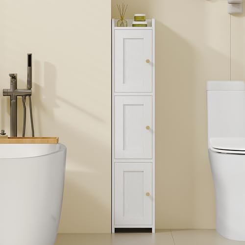 HEXCELEN Slim Bathroom Storage Cabinet, Narrow Cabinet with 3 Doors，Small Bathroom Organizers and Storage, Laundry Room Organization for Small Space, Kitchen, Living Room, White
