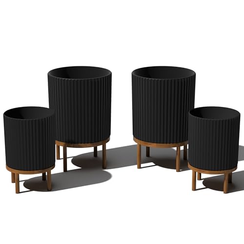 Veradek Demi Series Round Planter w/Stand for Porch/Patio | Durable Plastic-Stone Composite & Wooden Stand | Modern Décor for Tall Plants, Flowers - color: Black/Brown, size: Bundle - 2 Pack