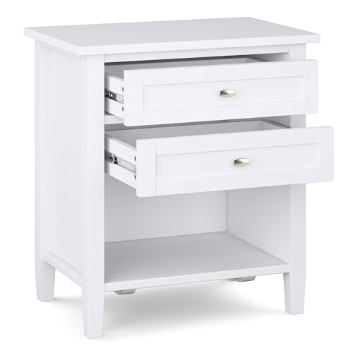 SIMPLIHOME Warm Shaker Bedside Table - 24 inch Wide Solid Wood Nightstand in White, Transitional Bedroom Side or End Table with 2 Drawers, Open Shelf Storage and Brushed Nickel Hardware - color: White
