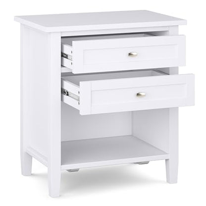 SIMPLIHOME Warm Shaker Bedside Table - 24 inch Wide Solid Wood Nightstand in White, Transitional Bedroom Side or End Table with 2 Drawers, Open Shelf Storage and Brushed Nickel Hardware - color: White