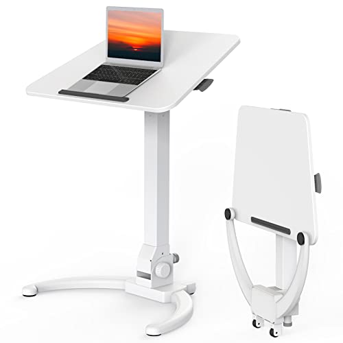 JOY worker Foldable Mobile Standing Desk, Height Adjustable Sit Stand Desk, 90° Tiltable Rolling Laptop Table, Portable Workstation with Wheels Non-Slip Mat for Home Office, Holds Up to 22lbs, White - color: White, size: Height Range:29.9-44.9"