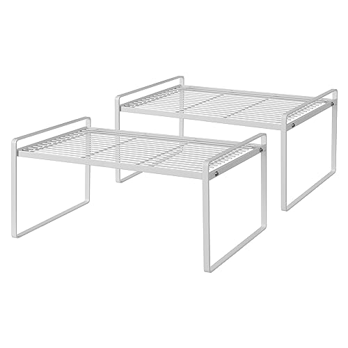 Shantton 2Pack Kitchen Cabinet Shelf Counter Organizer Rack Pantry Storage Bathroom Bedroom Office Table Desk Space Saving Stackable Rust Resistant Non Slip White Wide L16.1in W10.6in H7.3in - color: White, size: L16.1'' W10.6'' H7.3''