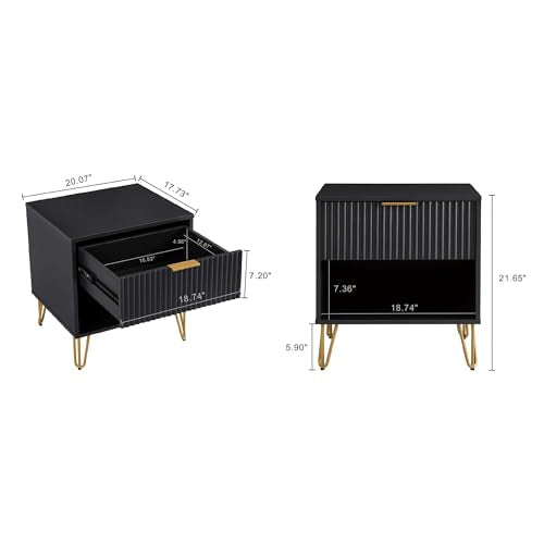 JOSHEN Sturdy Metal Legs Nightstand, Bedside Stand with Textured Drawer, Accent Table for Bedroom for Indoor use, Black - color: Black